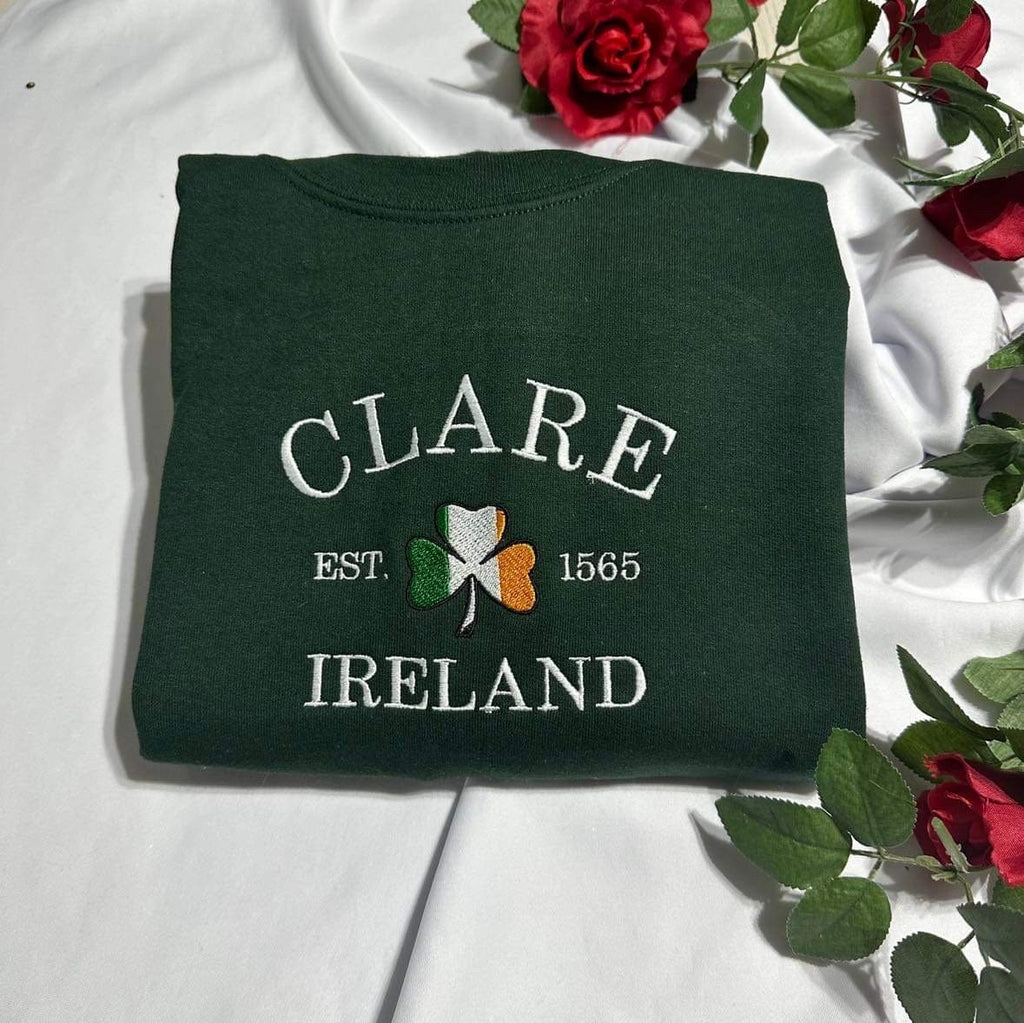 Embroidered Clare Ireland Sweatshirt: Shamrock Irish Flag