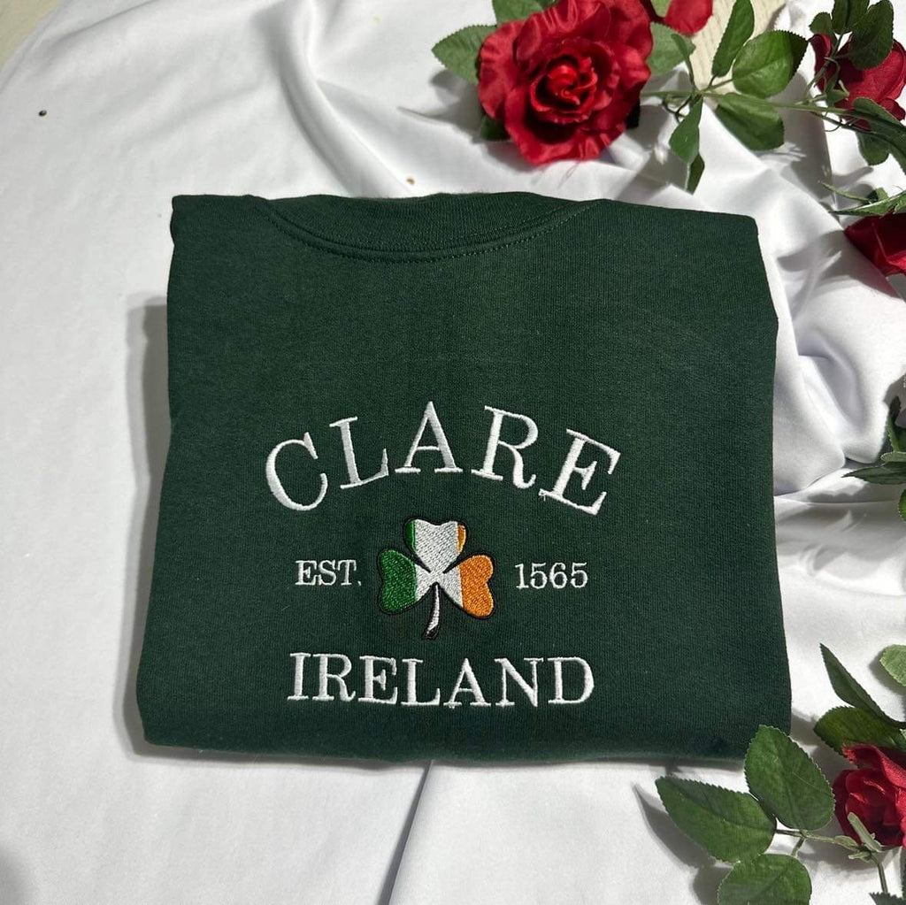 Embroidered Clare Ireland Sweatshirt: Shamrock Irish Flag