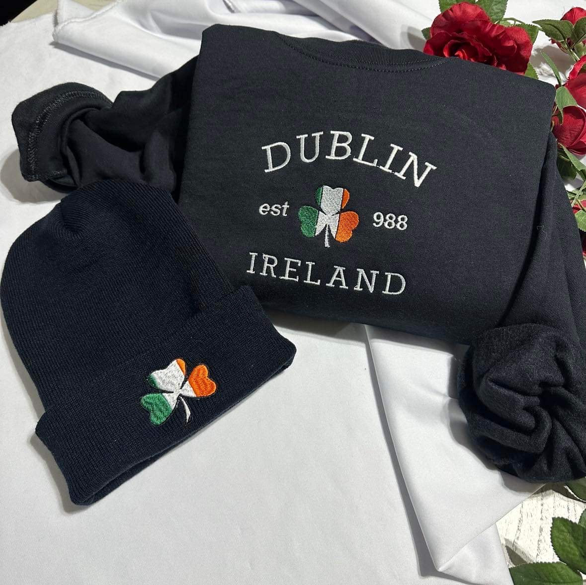 Embroidered Ireland Flag Beanie: Irish Shamrock Knit Cap