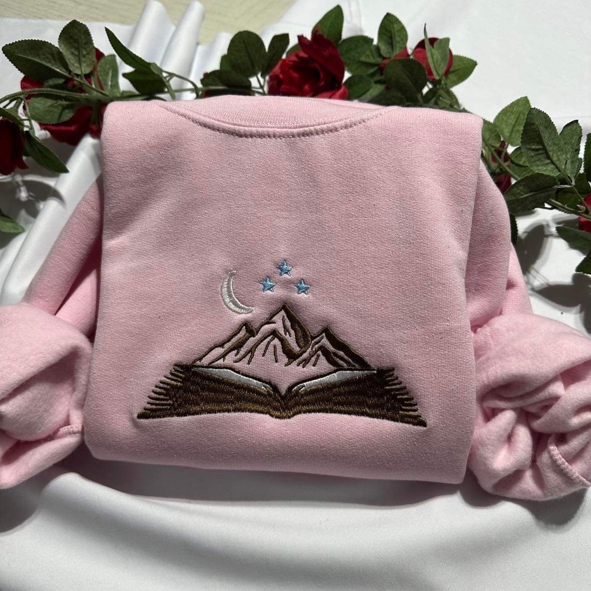 Mountain book embroidered sweatshirt; City of Starlight embroidered crewneck, open book aesthetic embroidered shirt, Christmas gift ideas