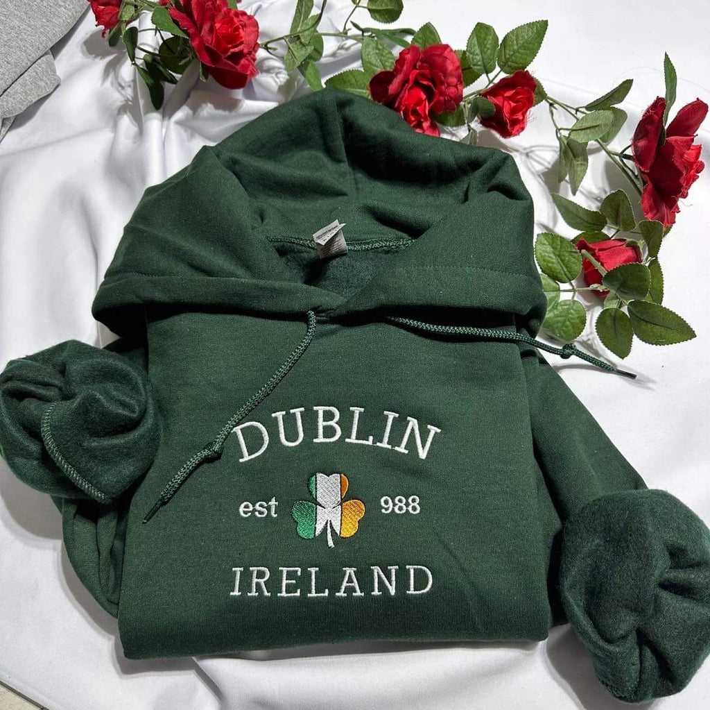 Dublin Ireland Embroidered Hoodie: Shamrock Flag, St. Patrick's Day Gift