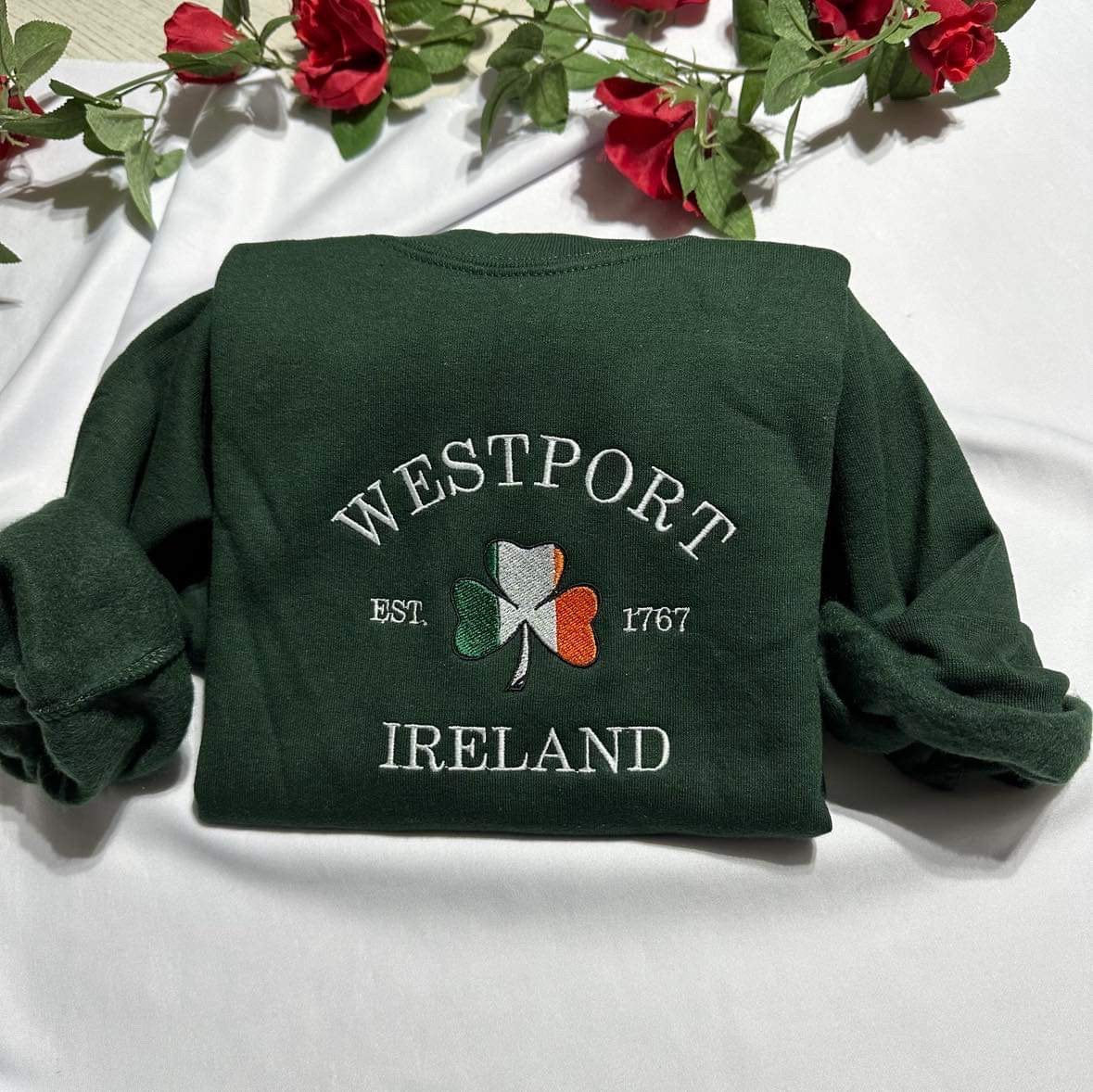 Embroidered Westport Ireland Sweatshirt: Shamrock Flag, St Patrick's Day Gift