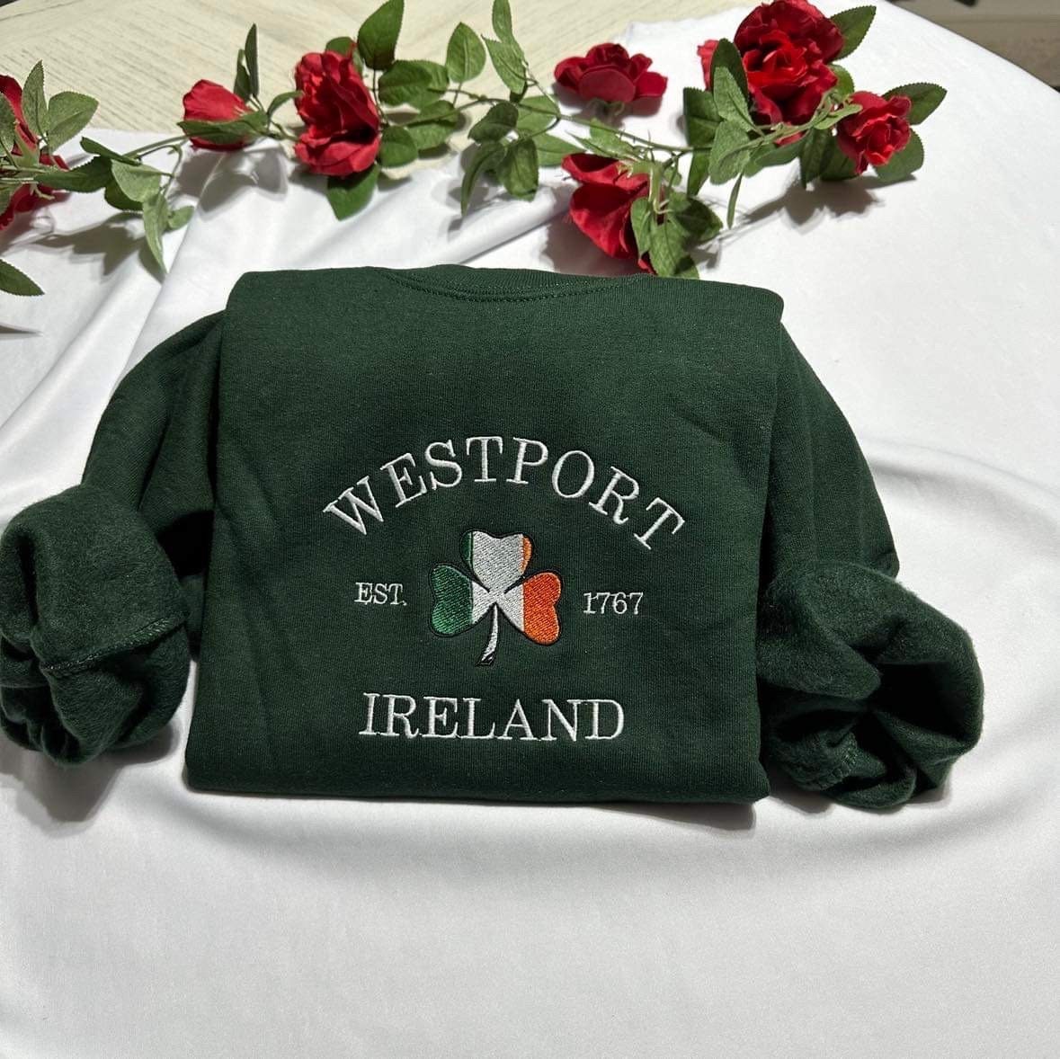 Embroidered Westport Ireland Sweatshirt: Shamrock Flag, St Patrick's Day Gift