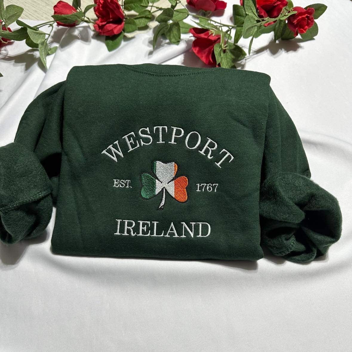 Embroidered Westport Ireland Sweatshirt: Shamrock Flag, St Patrick's Day Gift