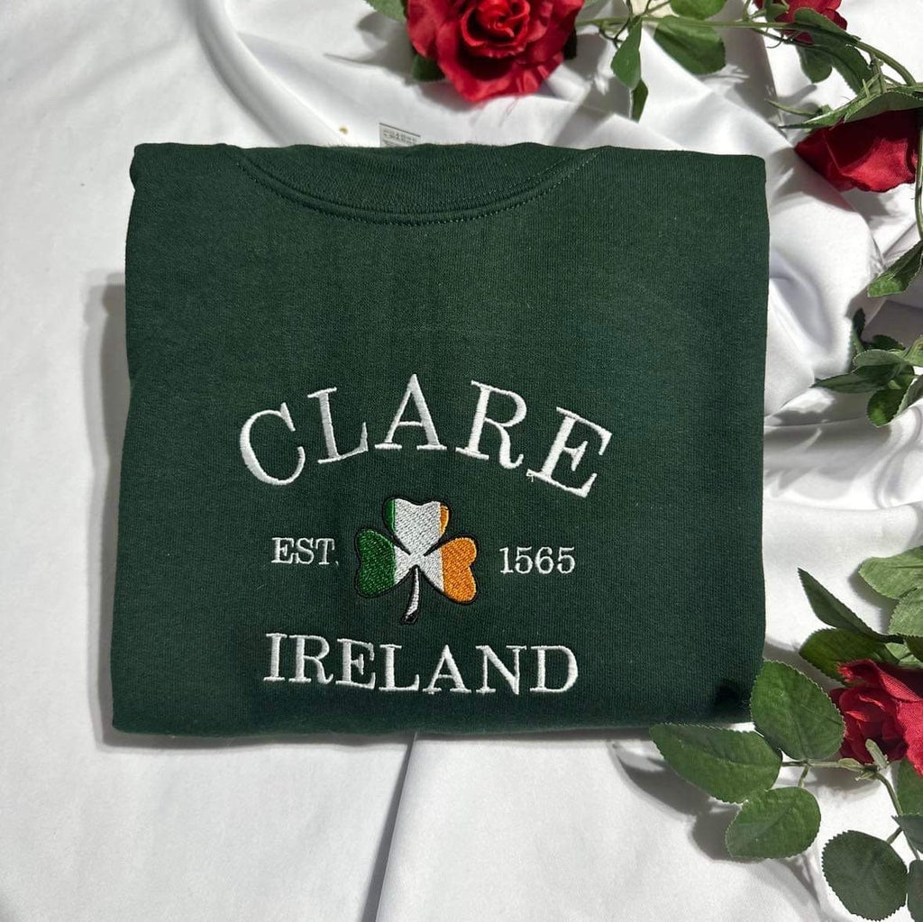 Embroidered Clare Ireland Sweatshirt: Shamrock Irish Flag