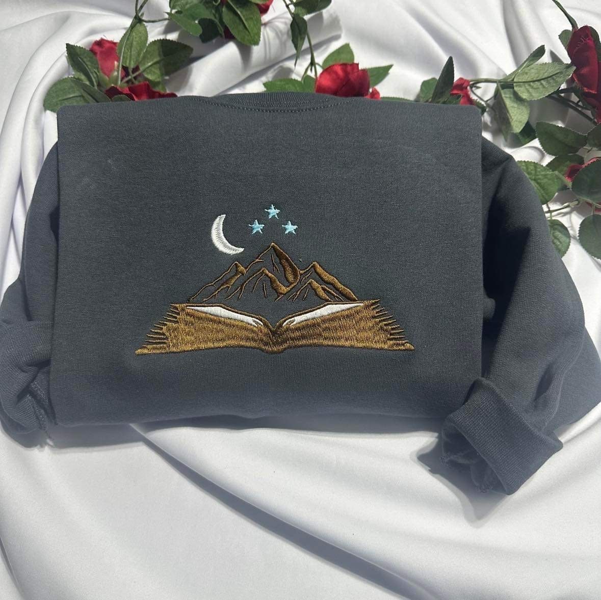 Mountain book embroidered sweatshirt; City of Starlight embroidered crewneck, open book aesthetic embroidered shirt, Christmas gift ideas