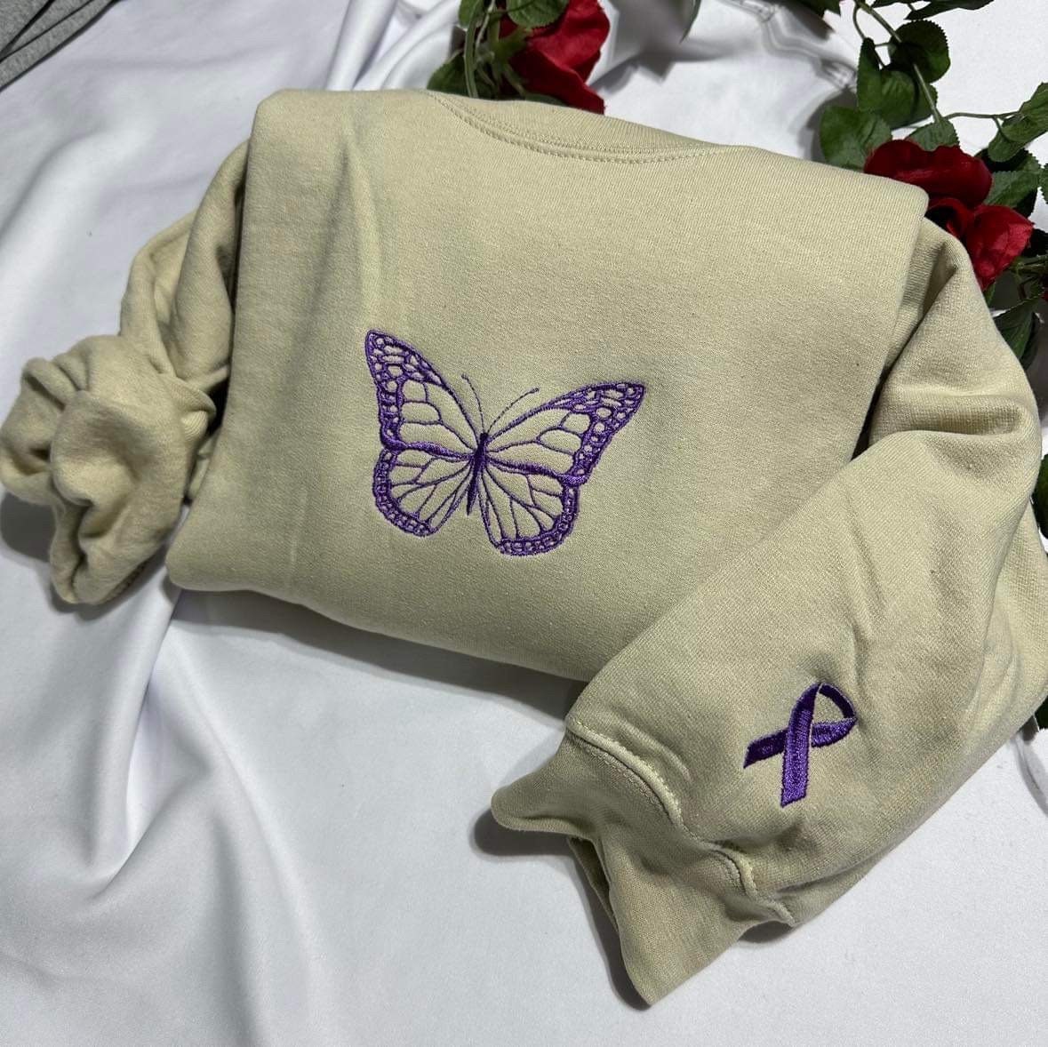 Butterfly with Ribbon Embroidered Sleeve Sweatshirt - Breast Cancer Awareness Month Sweatshirt; support gift for her