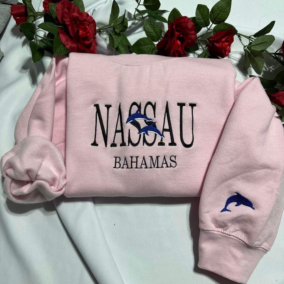 Nassau Bahamas Embroidered Sweatshirt: Dolphin Sleeve, Tropical Gift