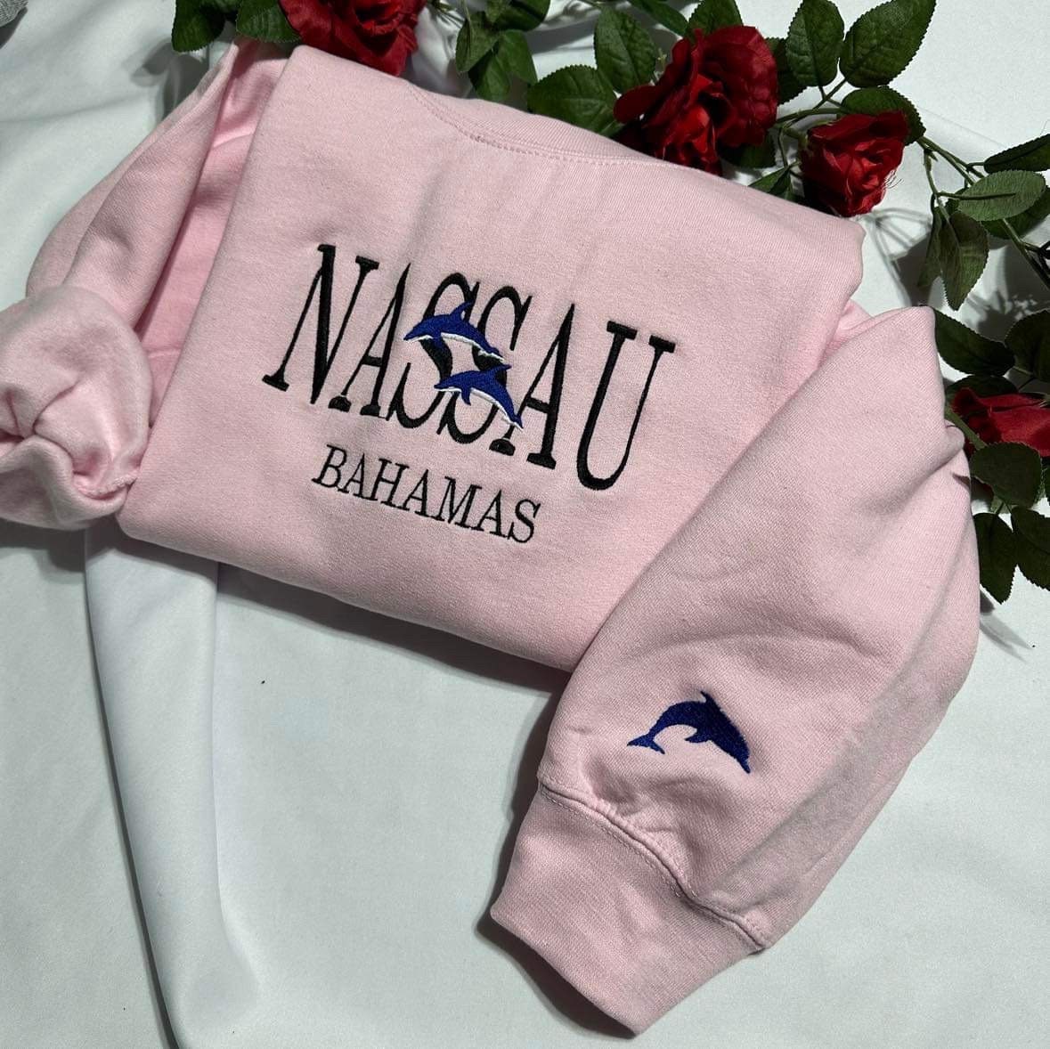 Nassau Bahamas Embroidered Sweatshirt: Dolphin Sleeve, Tropical Gift