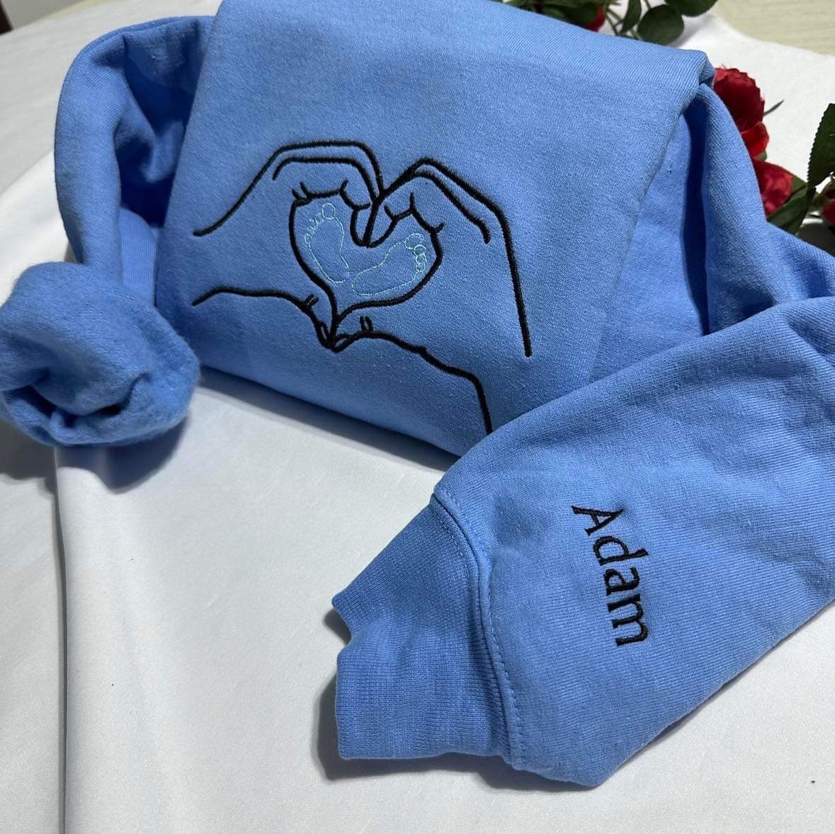 Mothers Day Personalised embroidered crewneck; Mother hands with baby feet custom embroidered sweatshirtday, Custom baby’s name gift.