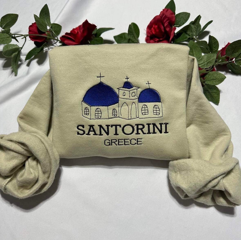 Embroidered Santorini Greece Sweatshirt: Travel Souvenir Crewneck