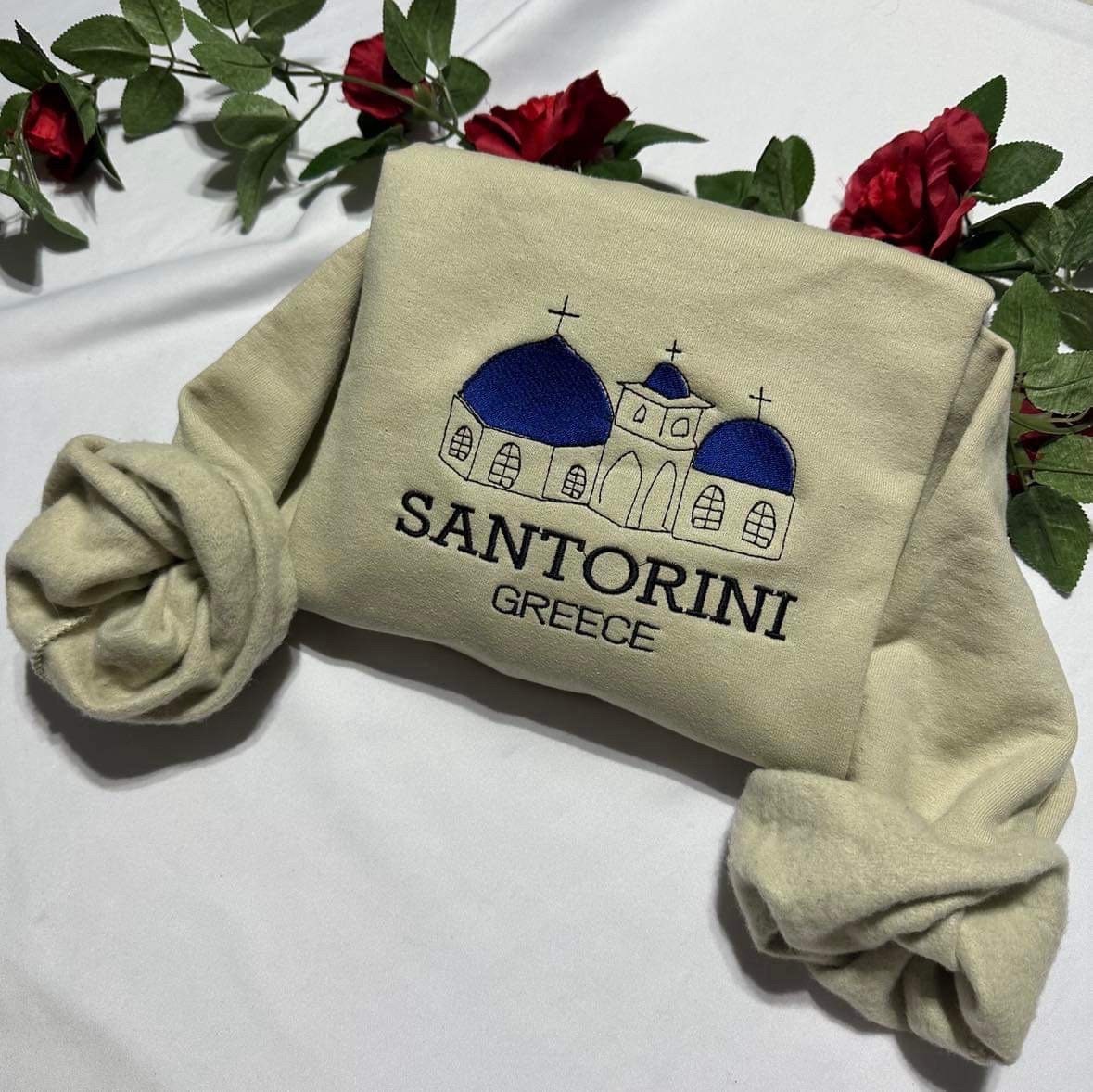 Embroidered Santorini Greece Sweatshirt: Travel Souvenir Crewneck