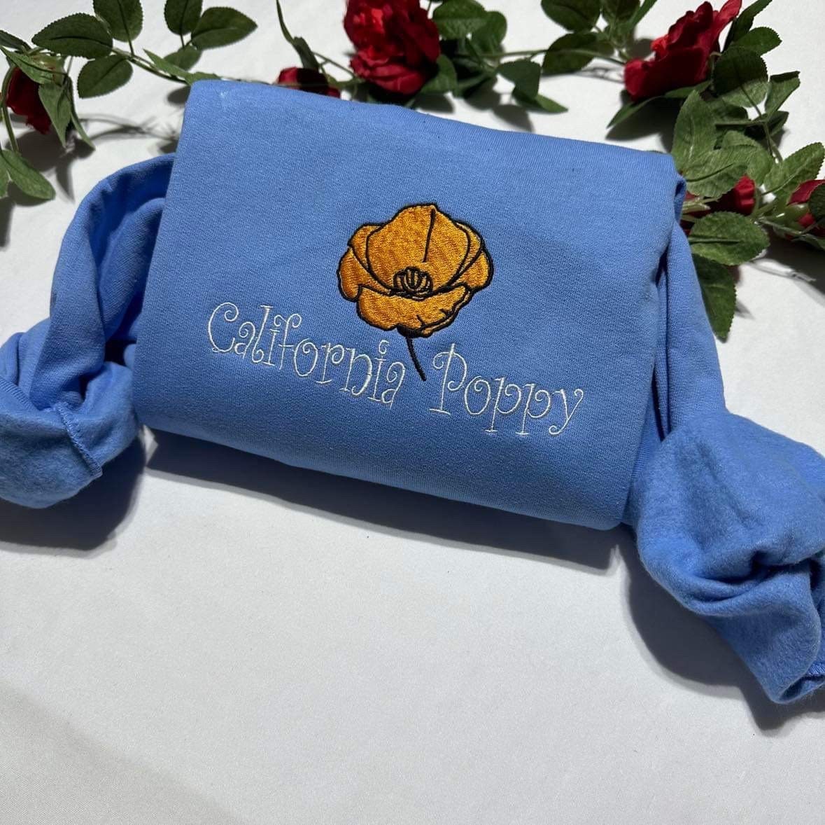 Embroidered California Poppy Sweatshirt: State Flower Crewneck