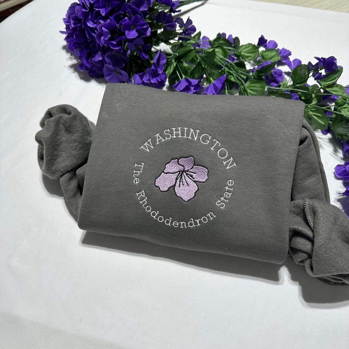 Washington the Rhododendron State embroidered Sweatshirt, Rhododendron Flower embroidered crewneck. Gift for him or her