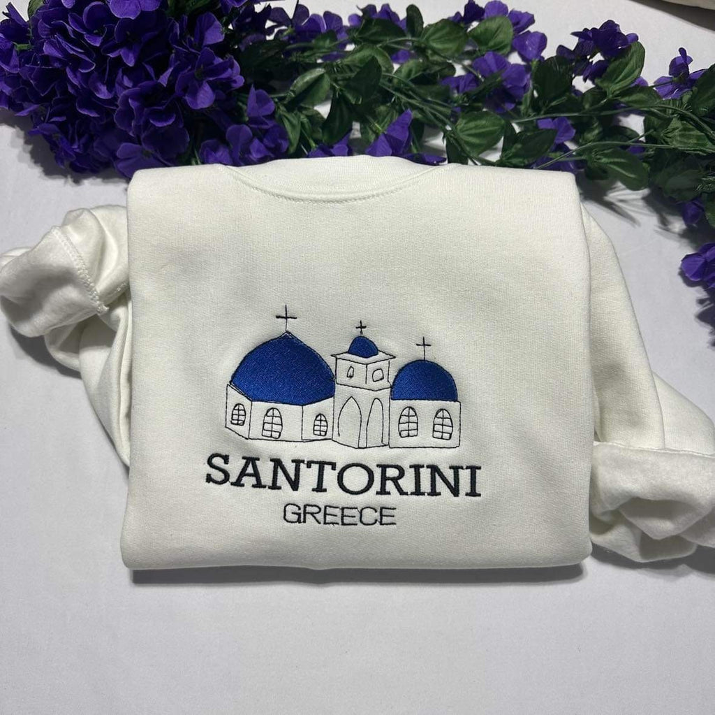 Embroidered Santorini Greece Sweatshirt: Travel Souvenir Crewneck