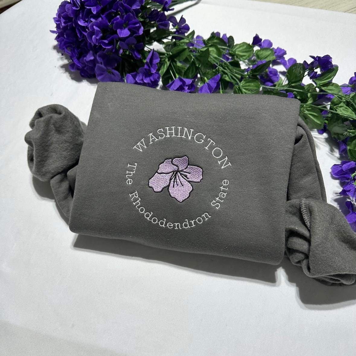 Washington the Rhododendron State embroidered Sweatshirt, Rhododendron Flower embroidered crewneck. Gift for him or her