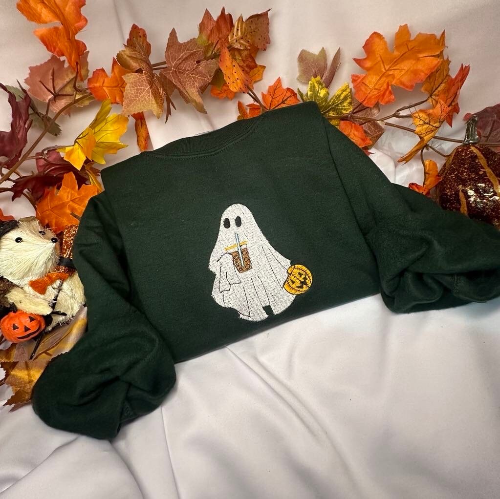 Ghost Coffee embroidered sweatshirt ;  iced coffee little ghost embroidered crewneck, Spooky season, Boo ghost. gift for her/him