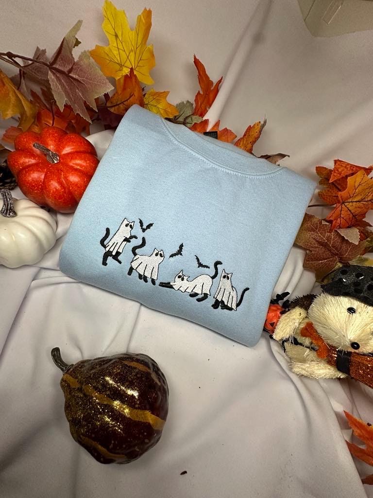 Embroidered Ghost Cat Sweatshirt: Spooky Halloween Crewneck