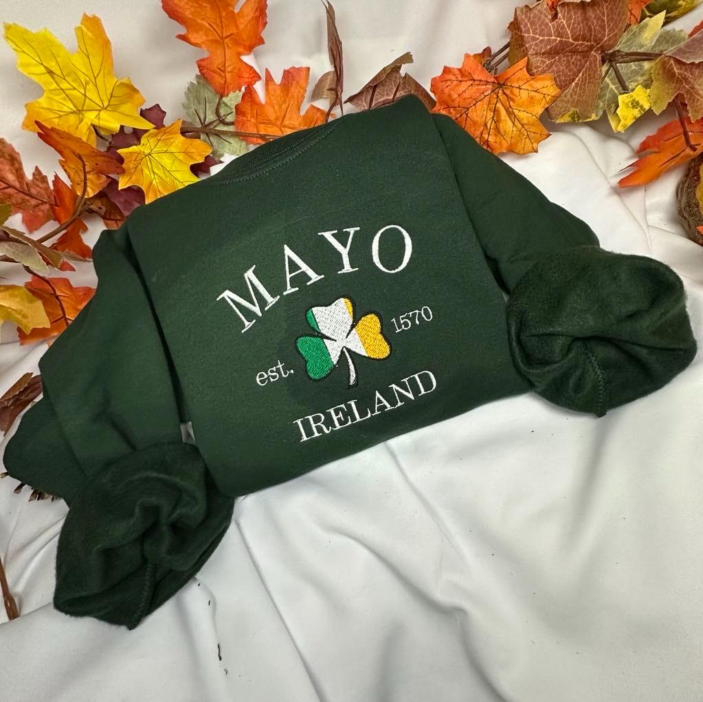 Mayo Ireland embroidered sweatshirt; Mayo embroidered crewneck. Holiday/ Christmas gift for her/him.