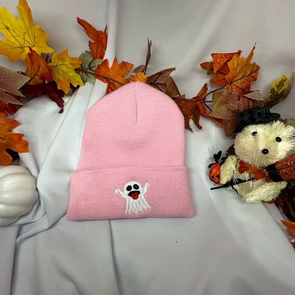 Halloween Ghost Embroidered Beanie - Custom Knit Cuffed Beanie