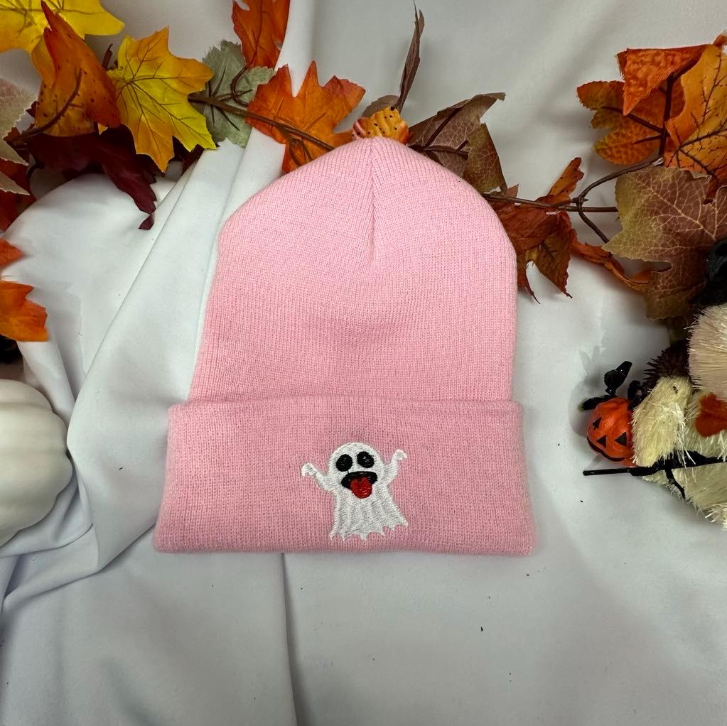 Halloween Ghost Embroidered Beanie - Custom Knit Cuffed Beanie