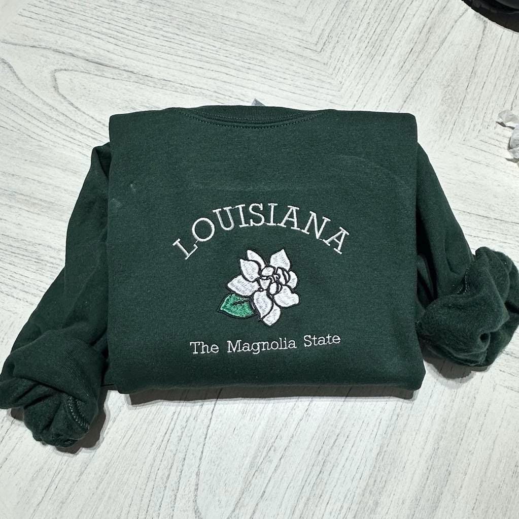 Embroidered Louisiana Sweatshirt: Magnolia State Flower Crewneck