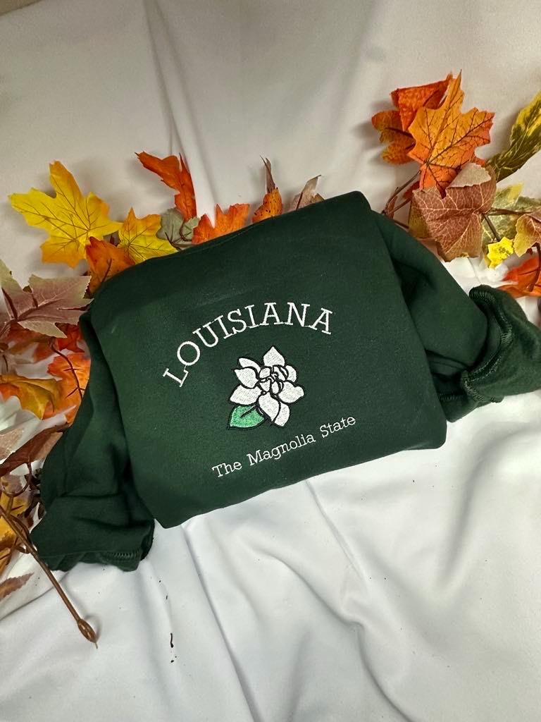 Embroidered Louisiana Sweatshirt: Magnolia State Flower Crewneck