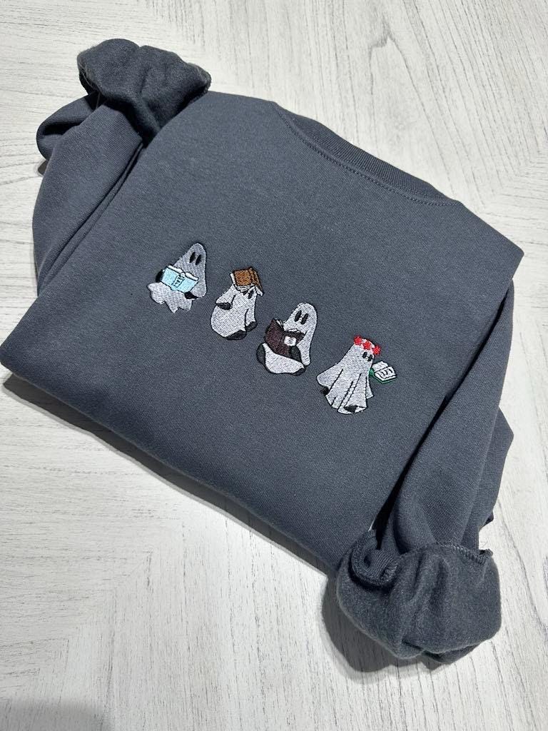 Retro Ghost Reading books Halloween embroidered sweatshirt; Funny Ghost reading books embroidered crewneck; Spooky season sweatshirts.