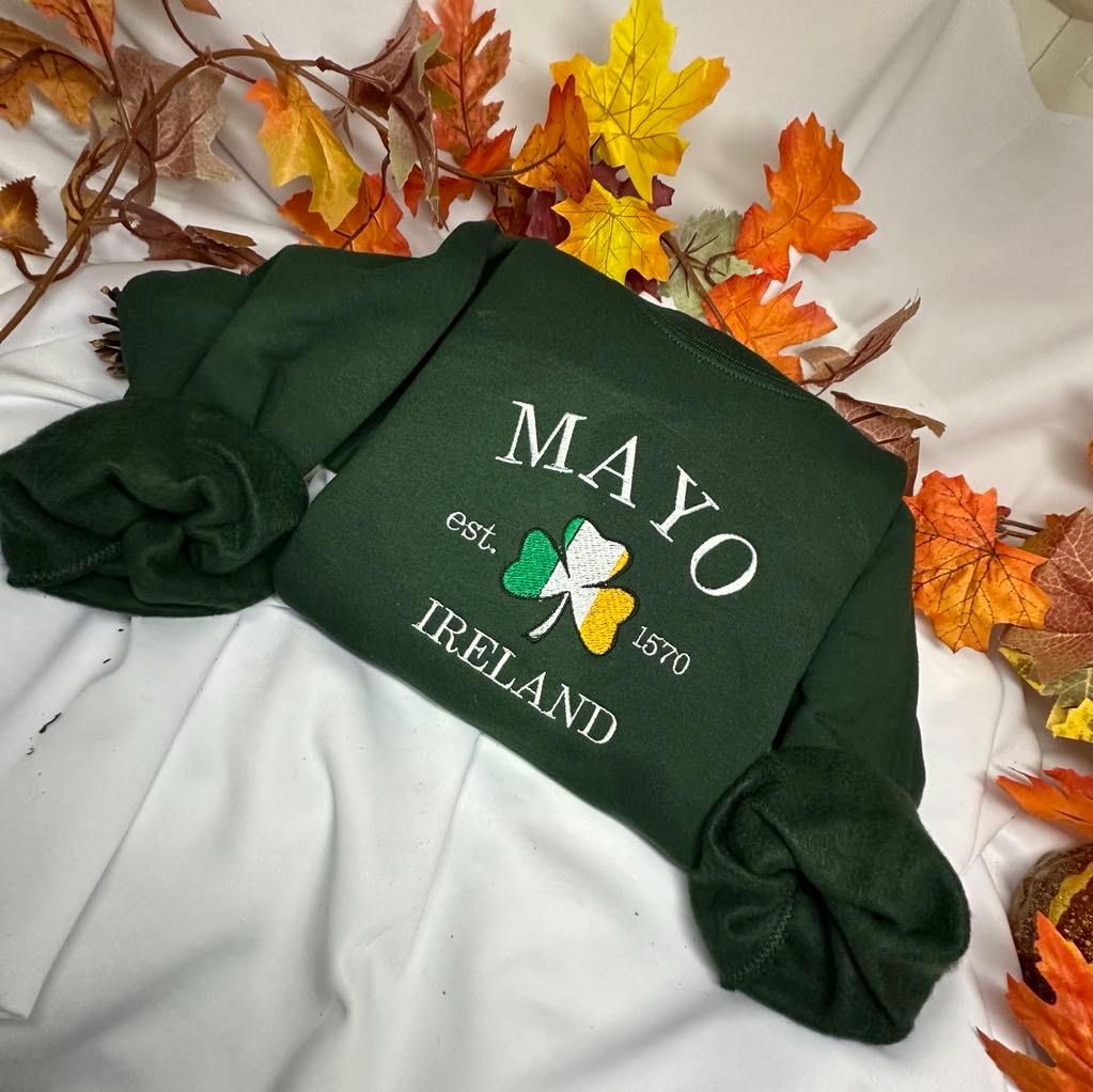 Mayo Ireland Embroidered Sweatshirt: Irish Shamrock Flag Design