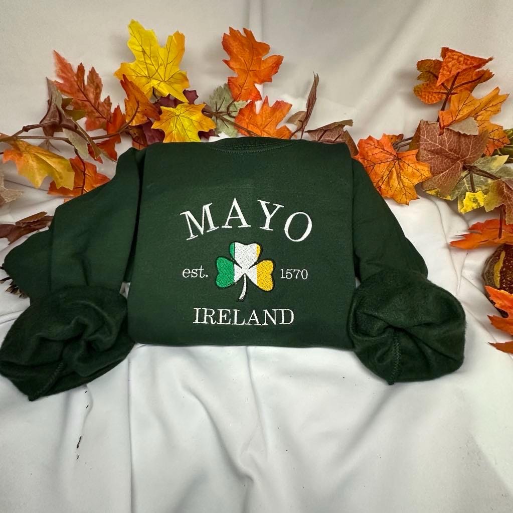 Mayo Ireland Embroidered Sweatshirt: Irish Shamrock Flag Design