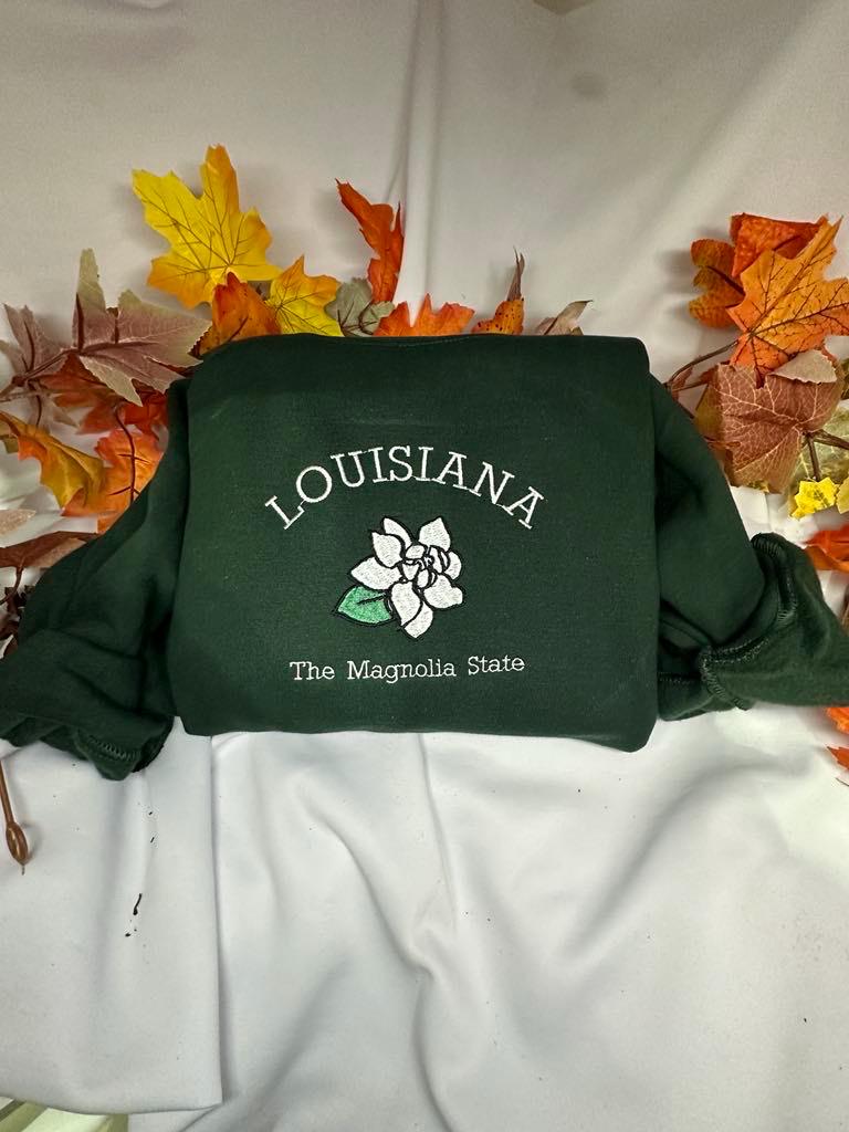 Embroidered Louisiana Sweatshirt: Magnolia State Flower Crewneck