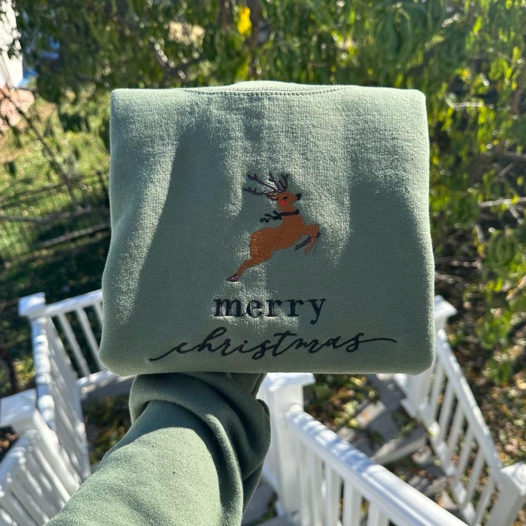 Merry Christmas embroidered crewneck; Christmas Reindeer Embroidered sweatshirt;  Uniqe Holiday gift for her/him