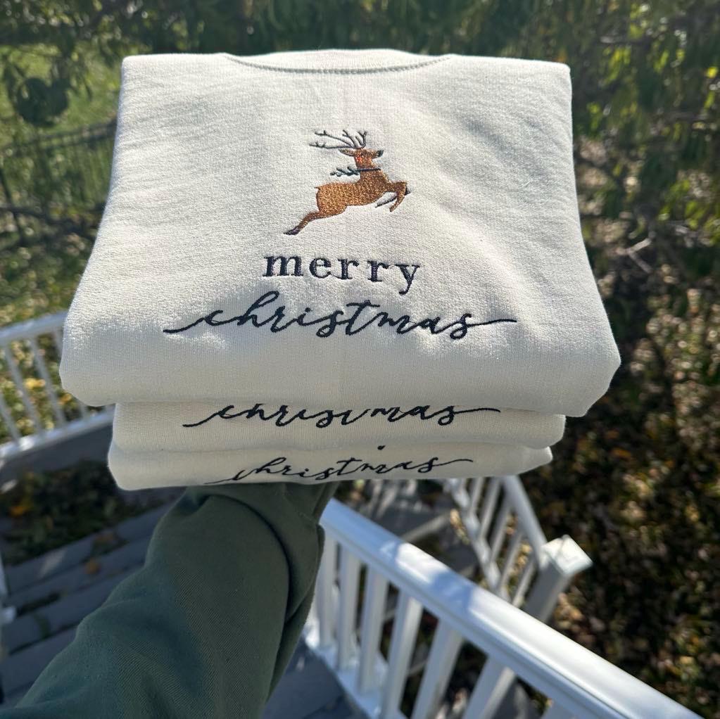 Merry Christmas embroidered crewneck; Christmas Reindeer Embroidered sweatshirt;  Uniqe Holiday gift for her/him