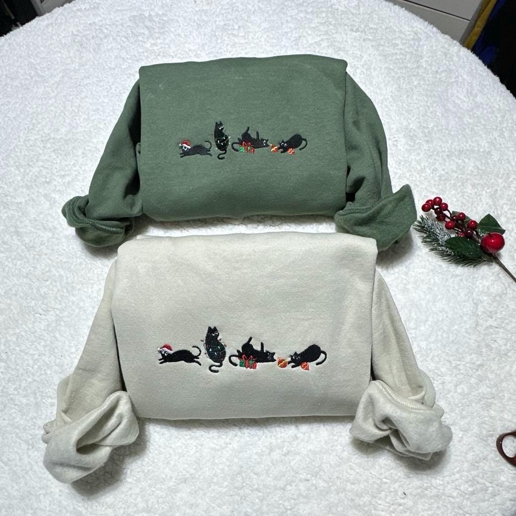 Christmas silly Cats embroidered crewneck; Christmas cute black cats sweatshirt, Cat lover crew neck. holiday gift for him/her