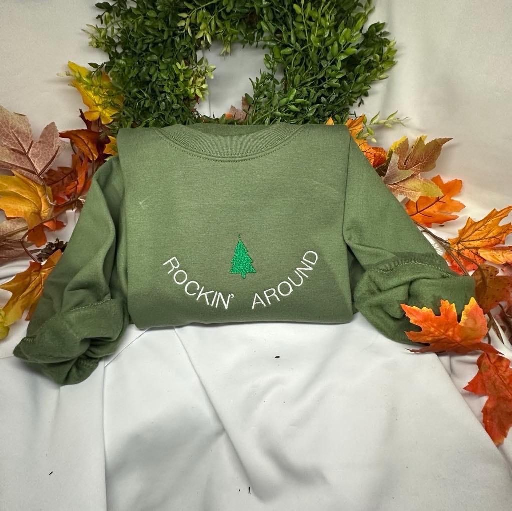 Retro Rockin around the Christmas tree embroidered crewneck; Christmas Embroidered sweatshirt; best seller holiday/Christmas hoodie