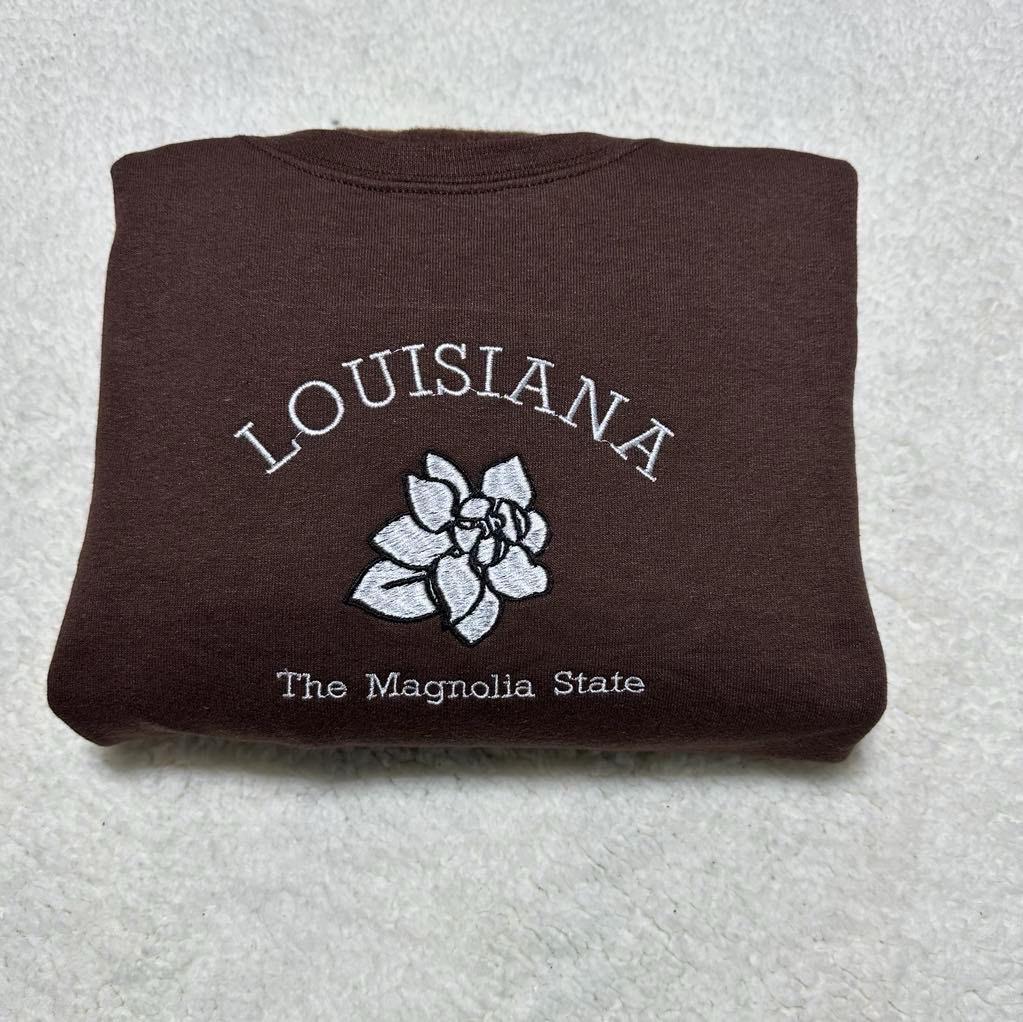 Embroidered Louisiana Sweatshirt: Magnolia State Flower Crewneck