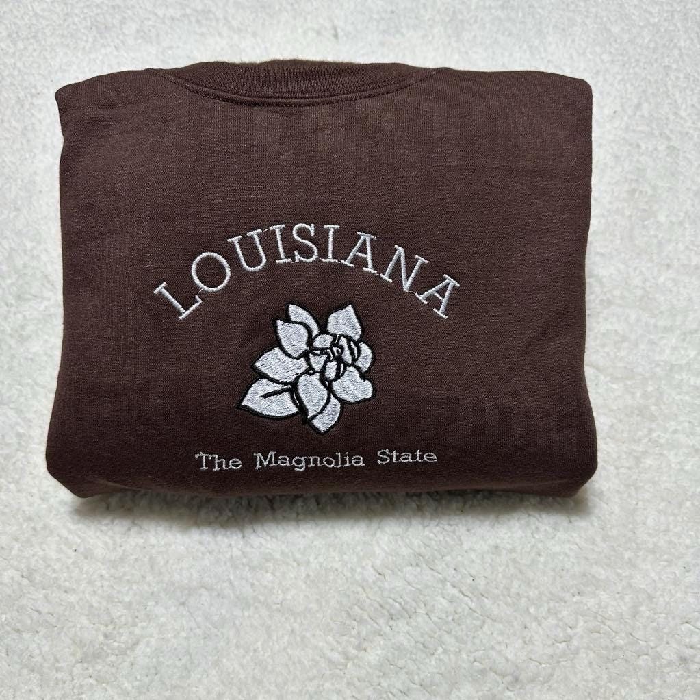 Embroidered Louisiana Sweatshirt: Magnolia State Flower Crewneck