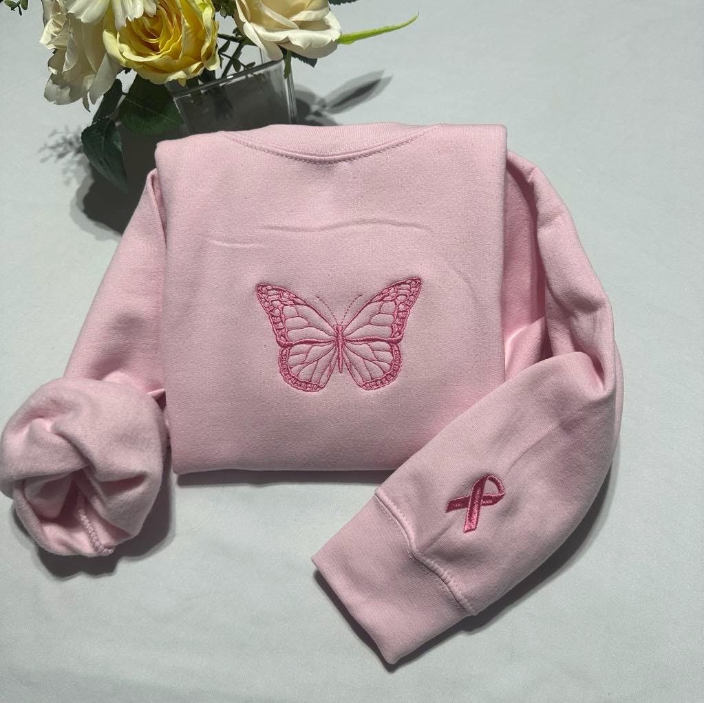 Butterfly with Ribbon Embroidered Sleeve Sweatshirt - Breast Cancer Awareness Month Sweatshirt; support gift for her
