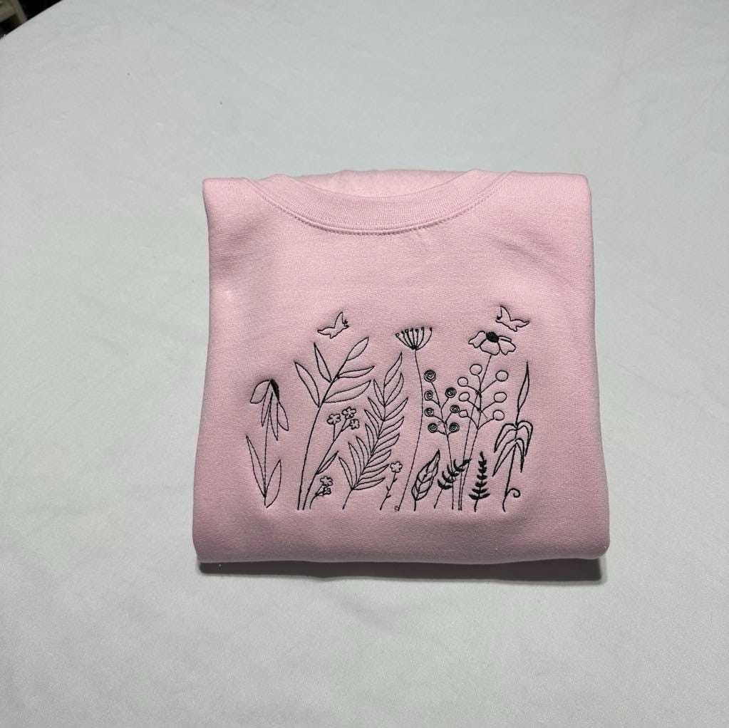 Wildflowers Embroidered Sweatshirt; Butterfly with Wild Flowers Customised Hoodie. Mother’s Day Spring Gift