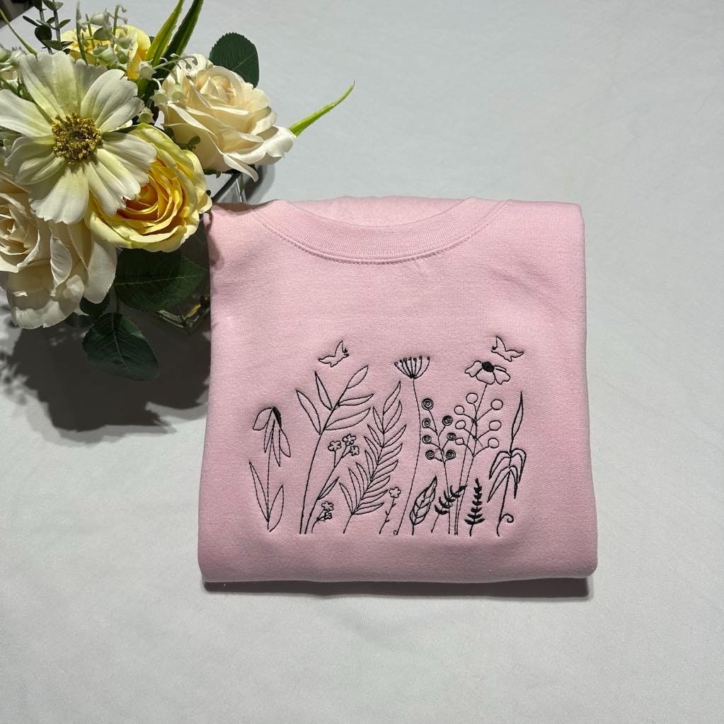 Wildflowers Embroidered Sweatshirt; Butterfly with Wild Flowers Customised Hoodie. Mother’s Day Spring Gift