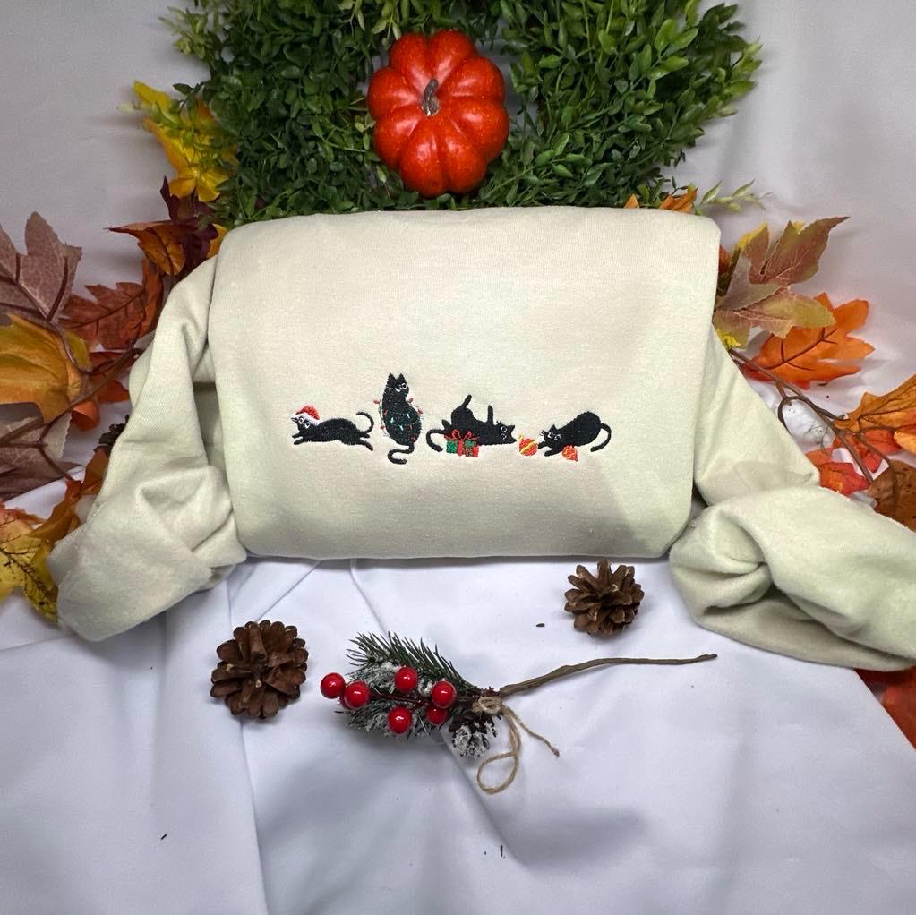 Christmas Cat Embroidered Sweatshirt: Festive Holiday Crewneck