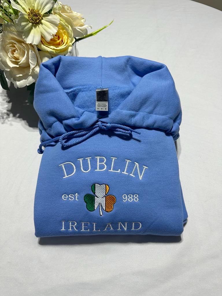 Dublin Ireland Embroidered Hoodie: Shamrock Flag, St. Patrick's Day Gift