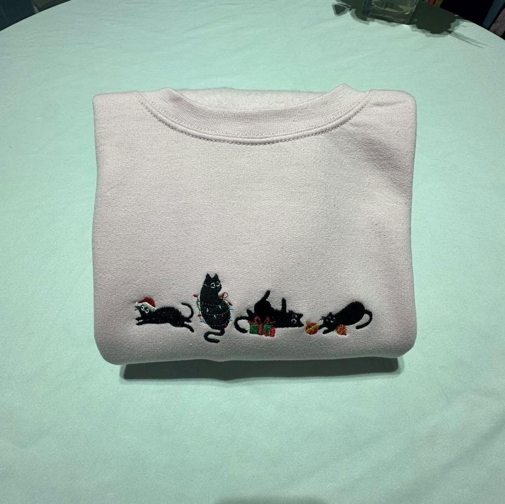 Christmas Cat Embroidered Sweatshirt: Festive Holiday Crewneck