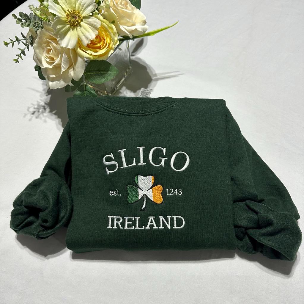 Embroidered Sligo Ireland Sweatshirt: Shamrock Flag, St. Patrick's Day Gift