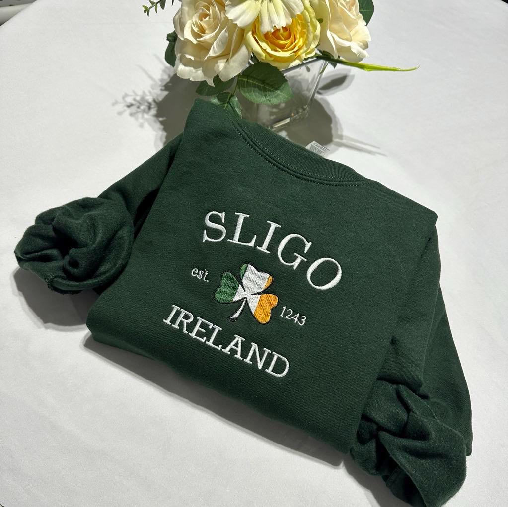 Embroidered Sligo Ireland Sweatshirt: Shamrock Flag, St. Patrick's Day Gift