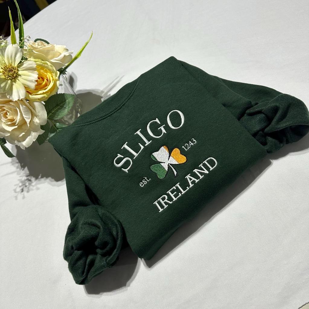 Embroidered Sligo Ireland Sweatshirt: Shamrock Flag, St. Patrick's Day Gift