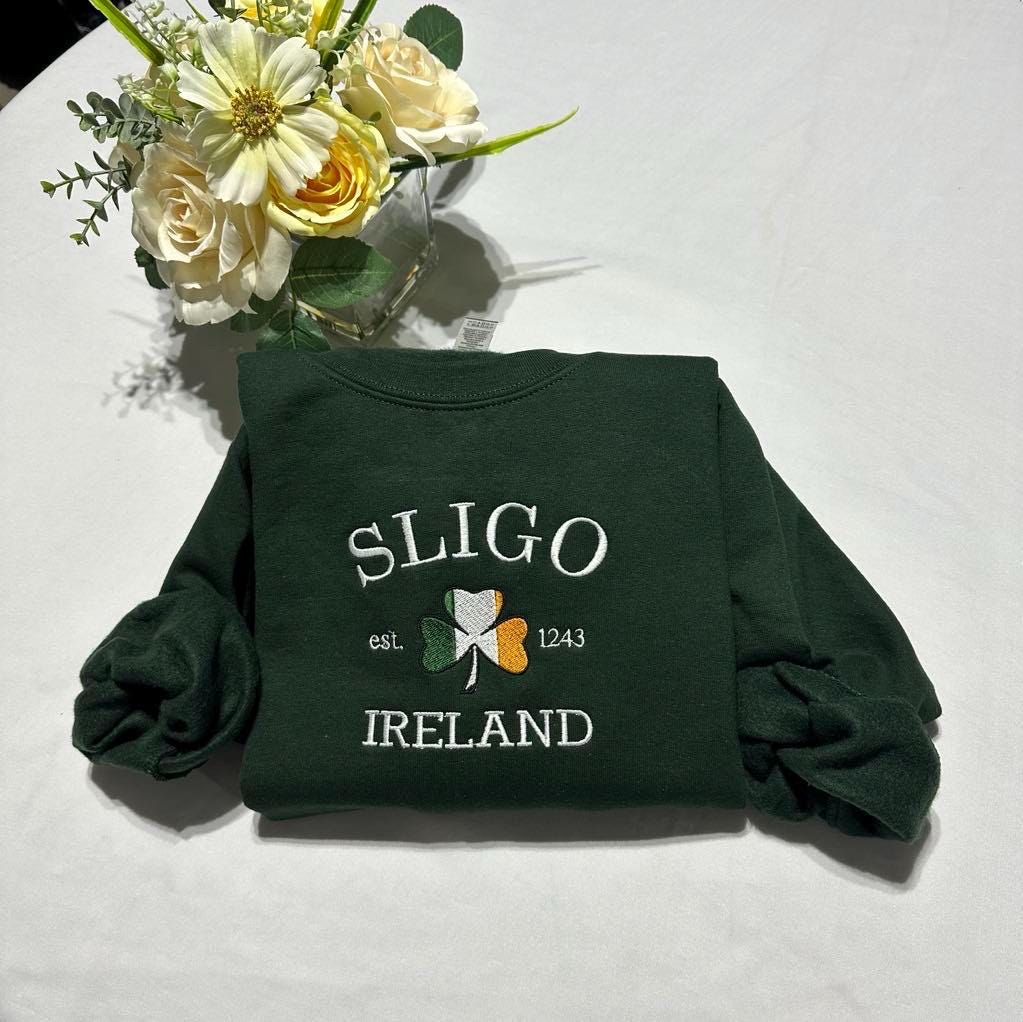 Embroidered Sligo Ireland Sweatshirt: Shamrock Flag, St. Patrick's Day Gift