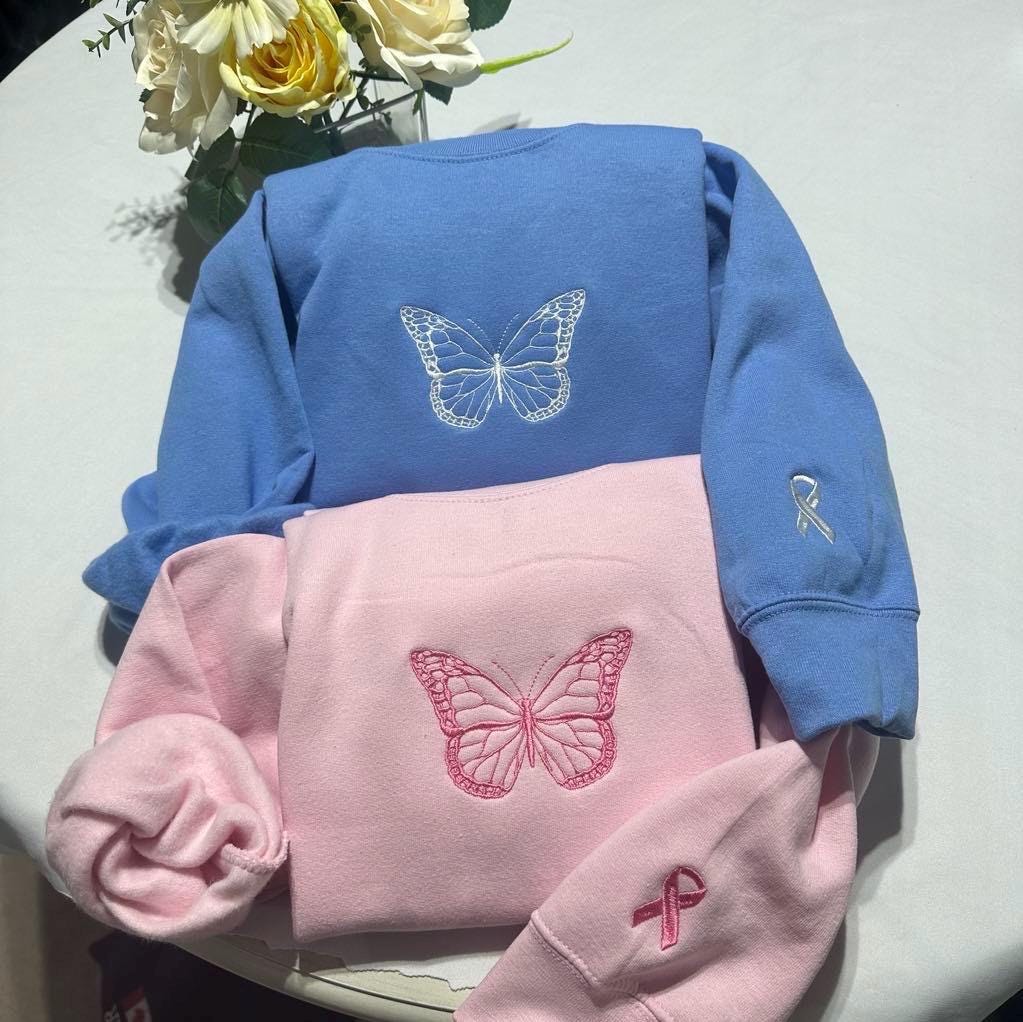 Butterfly with Ribbon Embroidered Sleeve Sweatshirt - Breast Cancer Awareness Month Sweatshirt; support gift for her