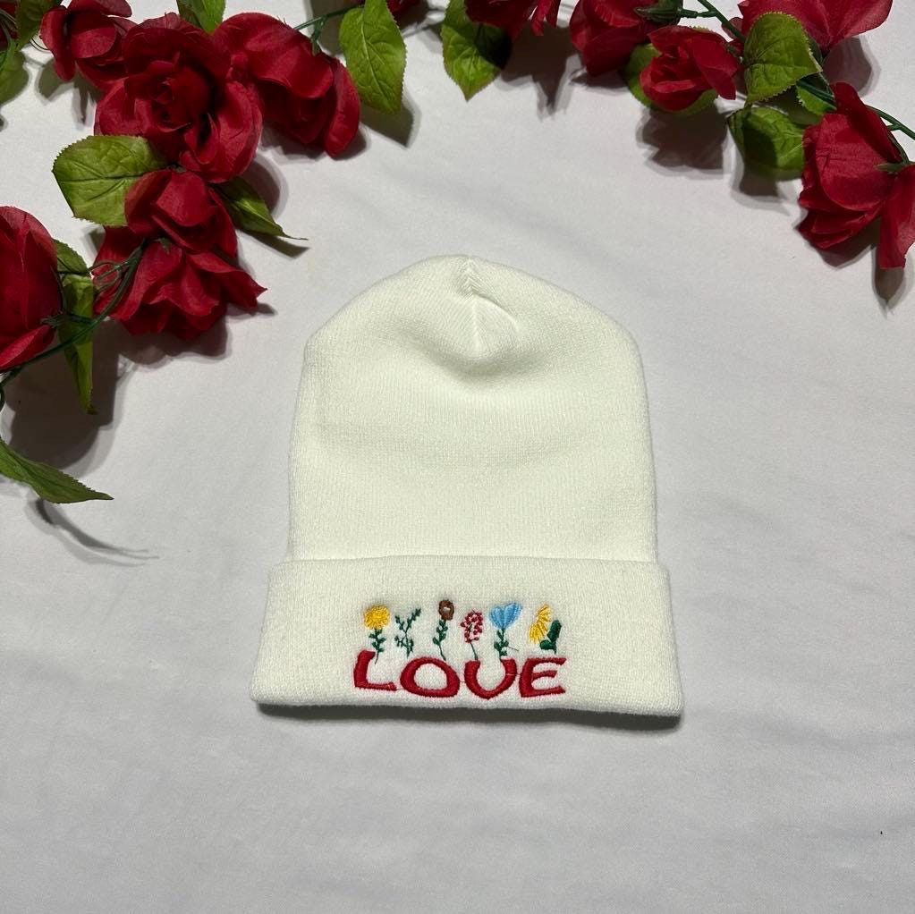 Floral Embroidered Beanie: "Love" Knit Winter Hat