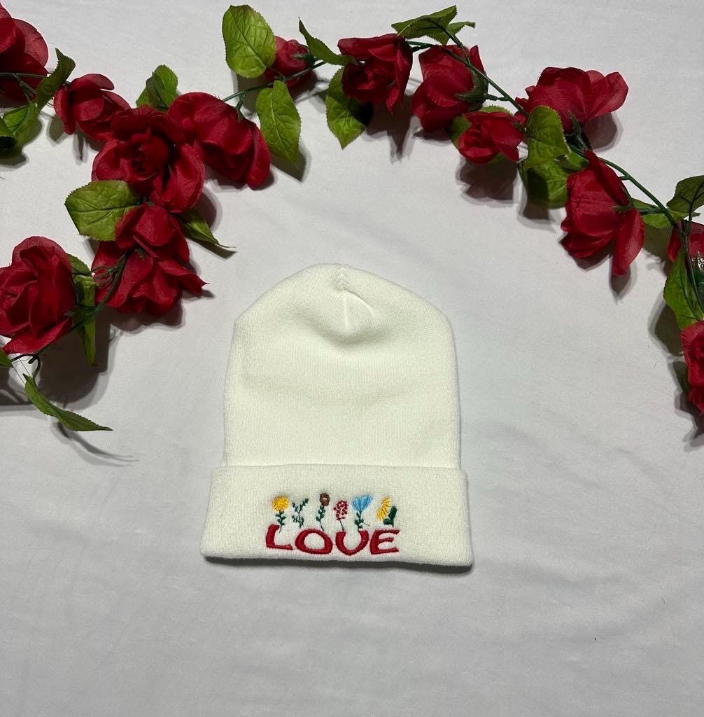 Floral Embroidered Beanie: "Love" Knit Winter Hat